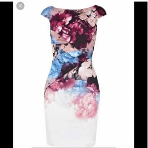 NWT Karen Millen Boatneck Floral Pencil Cocktail Midi Dress Pink Purple Blue 12